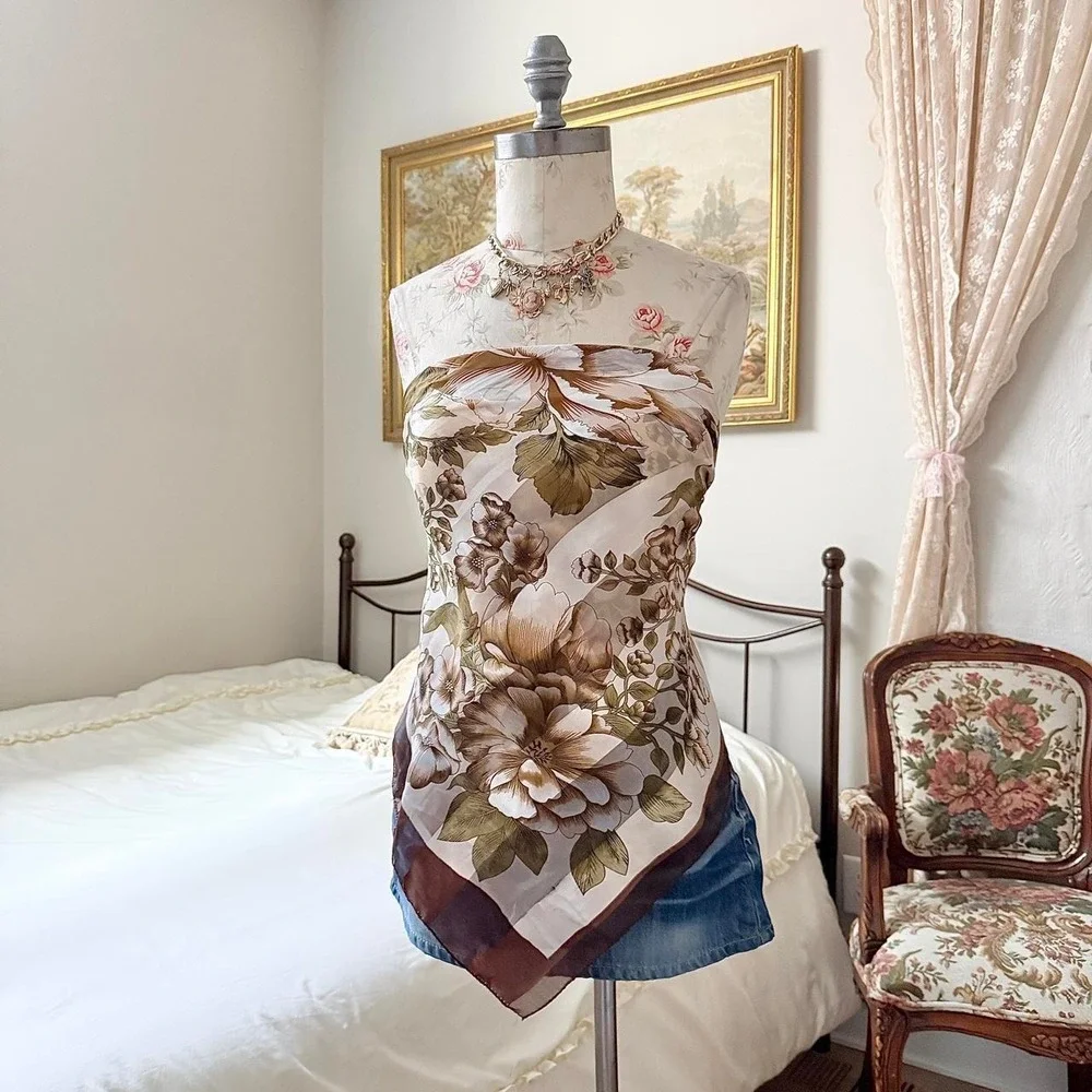 Floral Satin Scarf  Vintage oversized floral satin scarf